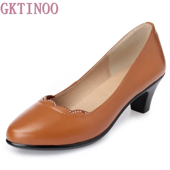 

GKTINOO Spring Autumn Med High Heels Women Pumps Genuine Cow Leather Shallow Ladies office Shoes Dress Shoes Big Size 43