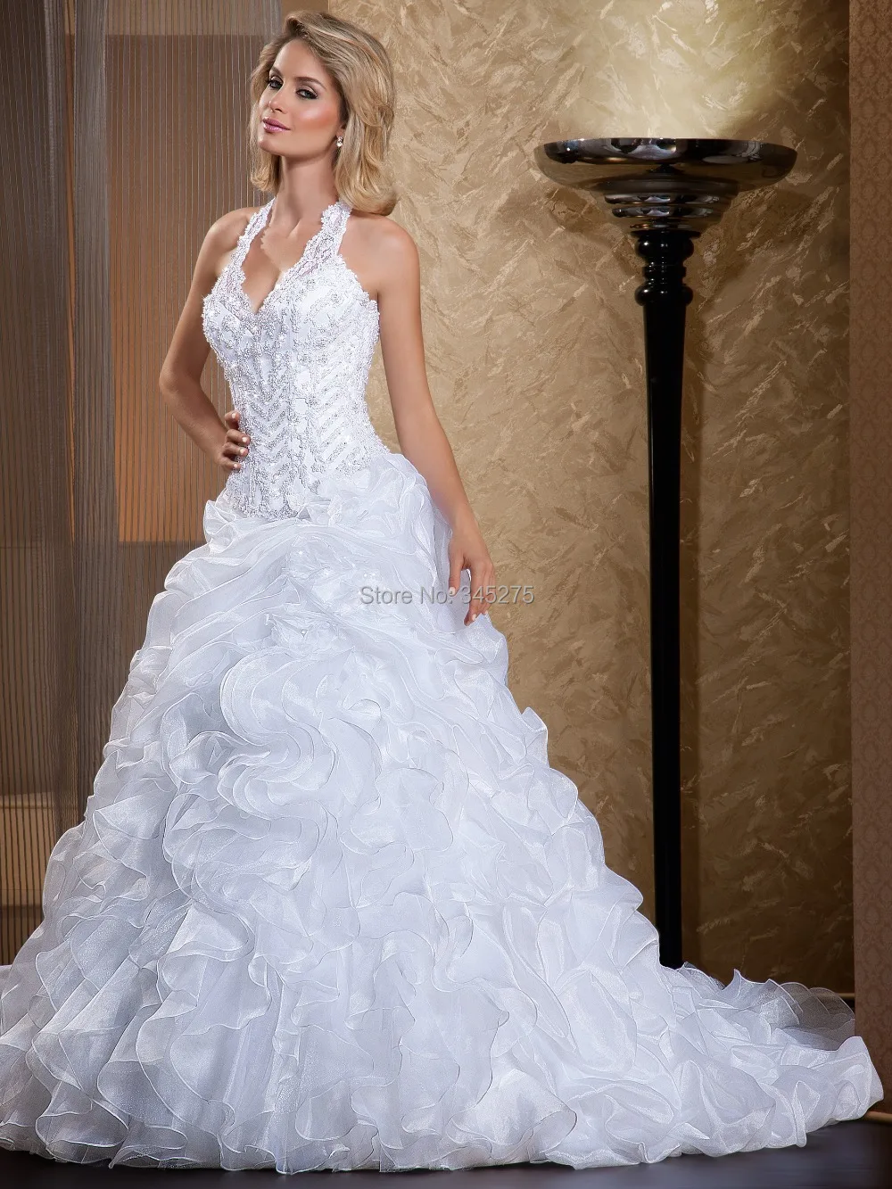 High Quality White Organza A Line Puffy Pleated Skirt Halter