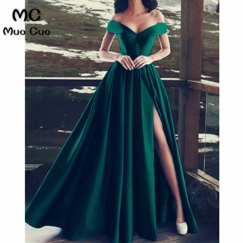 2018 A-Line Royer Blue Evening Dresses Long Off Shoulder Prom dress for teens Front Slit Formal Evening Dress for Women