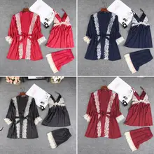 3 шт./компл. Весенняя женская сексуальная пижама с кружевами Femme халаты для сна топ шорты кружевная Повседневная Домашняя одежда ночная рубашка