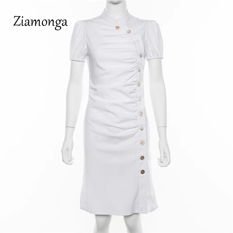 Ziamonga Повседневное Кнопка женское платье старинные c высоким горлом Платье Миди летние женские платья белый карандаш миди Офисные наряды Vestidos