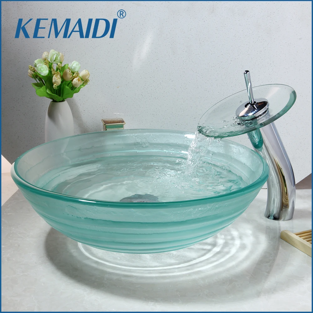 

KEMAIDI Bathroom Sink With Waterfall Chrome Polished Faucet And Water Drain Round Shape Transparent Tempered Glass Vessel Sink