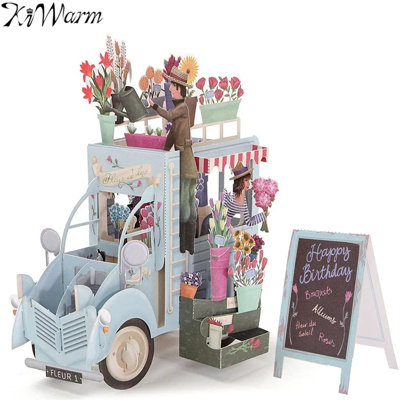 

KiWarm Romantic 3D Pop Up Greeting Card Flowers Car Thank You Card Valentine Anniversary Birthday Invitations Card Paper Craft