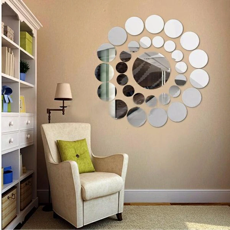 33Pcs 3D Round Mirror Wall Sticker Decor Decal Art Mural Home Bathroom