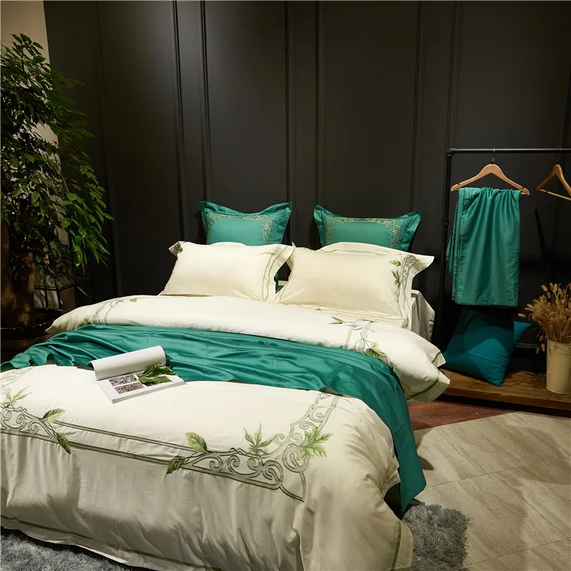 Waliicorners Egyptian cotton Bedding Set leaf Embroidery Bed Linens Bed Sheet Set black white Bedclothes Queen/King Size Bed cover 4/6pcs 20 DSC_7154