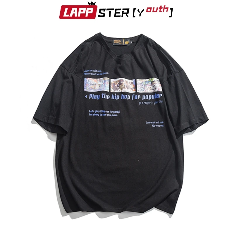 

LAPPSTER Men Hip Hop Graphic T Shirts 2019 Summer Mens Letter Funny Harajuku Tops Tees Male Korean Fashions Casual Black T Shirt