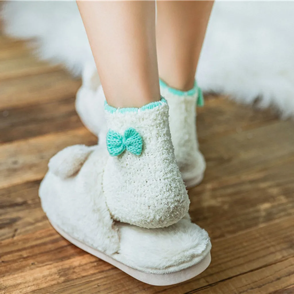Женские мягкие теплые носки Calcetines Mujer Флисовые Тапочки с бантиком большие
