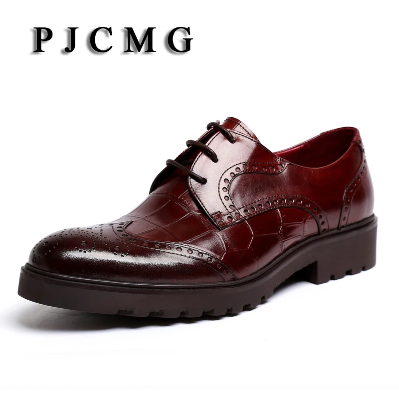 PJCMG/новые мужские туфли из натуральной кожи с узором «крокодиловая кожа», с острым носком, на толстой подошве, на шнуровке, из воловьей кожи, под платье, свадебные туфли на плоской подошве, мужские туфли оксфорды
