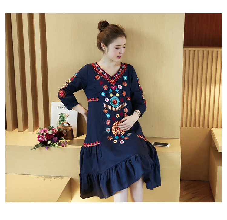 White Embroidery Spring Blue Vintage Lace navy Ruffle Ethnic Linen Cotton Bohemian Boho Hippie White Retro Beach Women Goth Elegant Dress waH0S7q