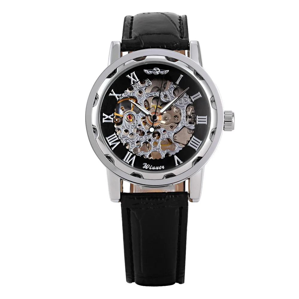 New Watch Men PU Leather Dial Skeleton Mechanical Sport Army Wrist