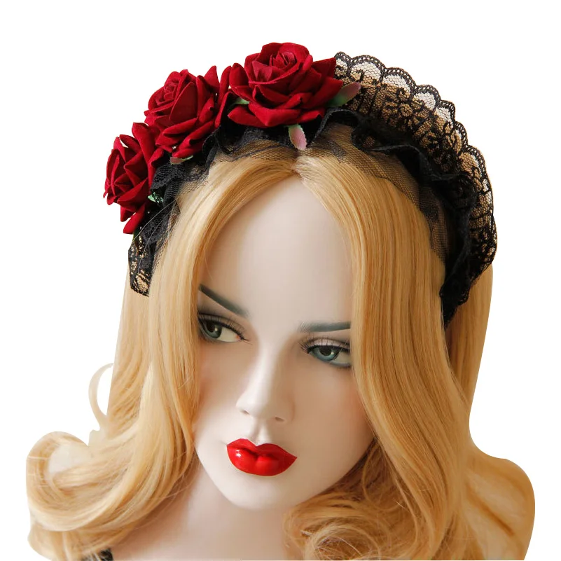 

Million christmas hairbands palace dark lace Gothiclita witch maid sprouts wide three red rose hair band cosplay jewelry