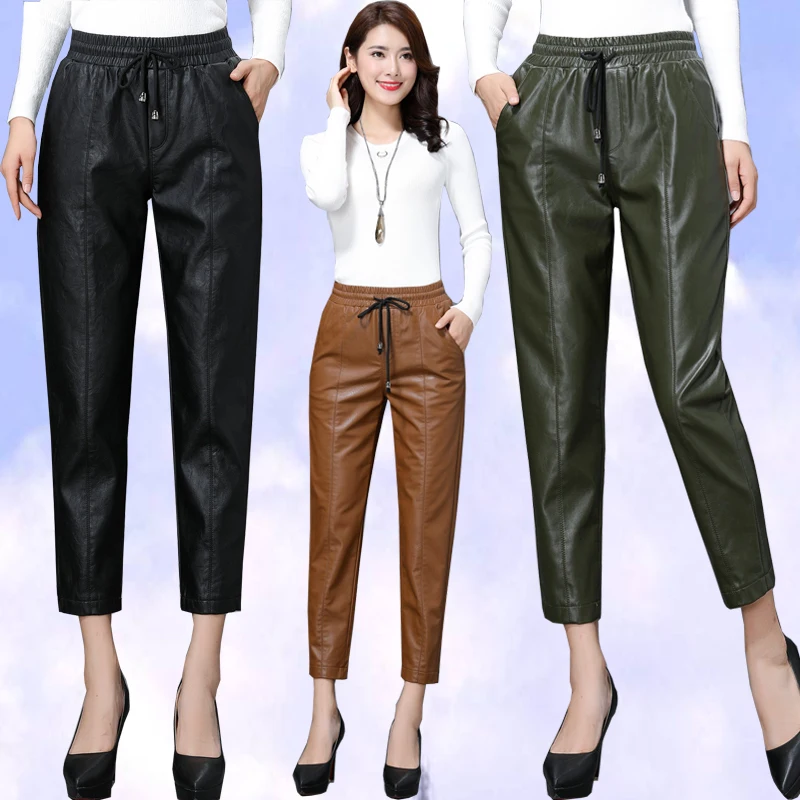 

New Autumn winter Women's Genuine Leather Harlan Trouser Women Harem Pant Casual Leather Trousers Loose Elastic waist Capris
