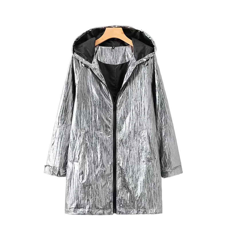 

New 2018 Winter bomber jacket women metal punk Silver hooded coat casual zipper long sleeve women jacket coat long streetwear