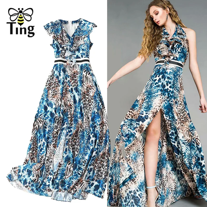 

Tingfly 2019 New Desigh Blue Leopard Print Ruffles Long Dress Ruffles Slim Sexy Split Summer Maxi Dress Casual Work Dress Plus