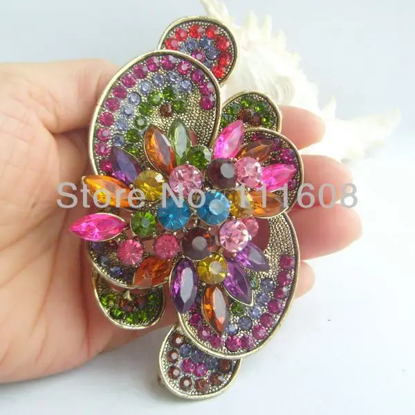 Rhinestone Flower Brooch Pin w Multi Color Rhinestone Crystal