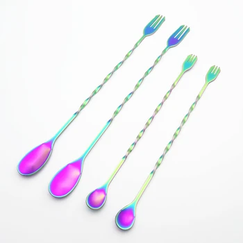 

Mini Spoon Dessert Scoop Stir Rod Bar Stainless Steel Ladle Overlong Mixing Spoon Cocktail Shaker With Fruit Fork Cutlery 2pcs