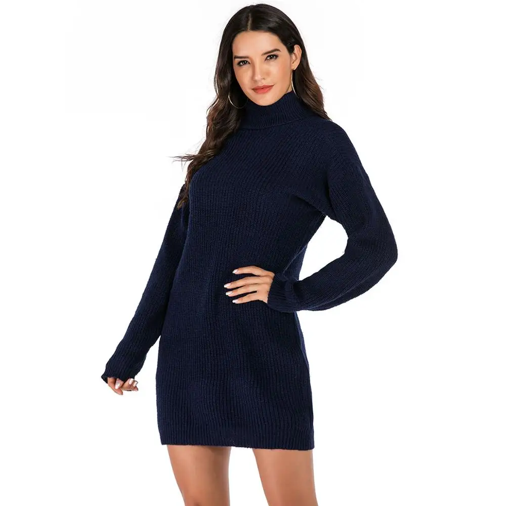 Wixra Solid Knitted Dresses Women Long Sleeve High Street Turtleneck Short Dresses 2019 Autumn Winter New