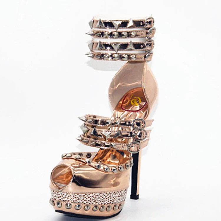 Оригинальные пикантные женские босоножки; красивые босоножки с заклепками на платформе с открытым носком на тонком каблуке; золотистые туфли; женская обувь; большие размеры США 4-12