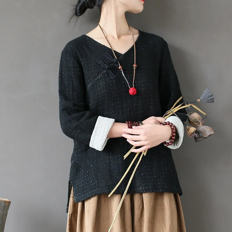 QPFJQD весенне-осенние оригинальные двухслойные льняные топы с длинными рукавами, рубашки пряжки ручной работы, v-образный вырез, винтажные блузки для женщин
