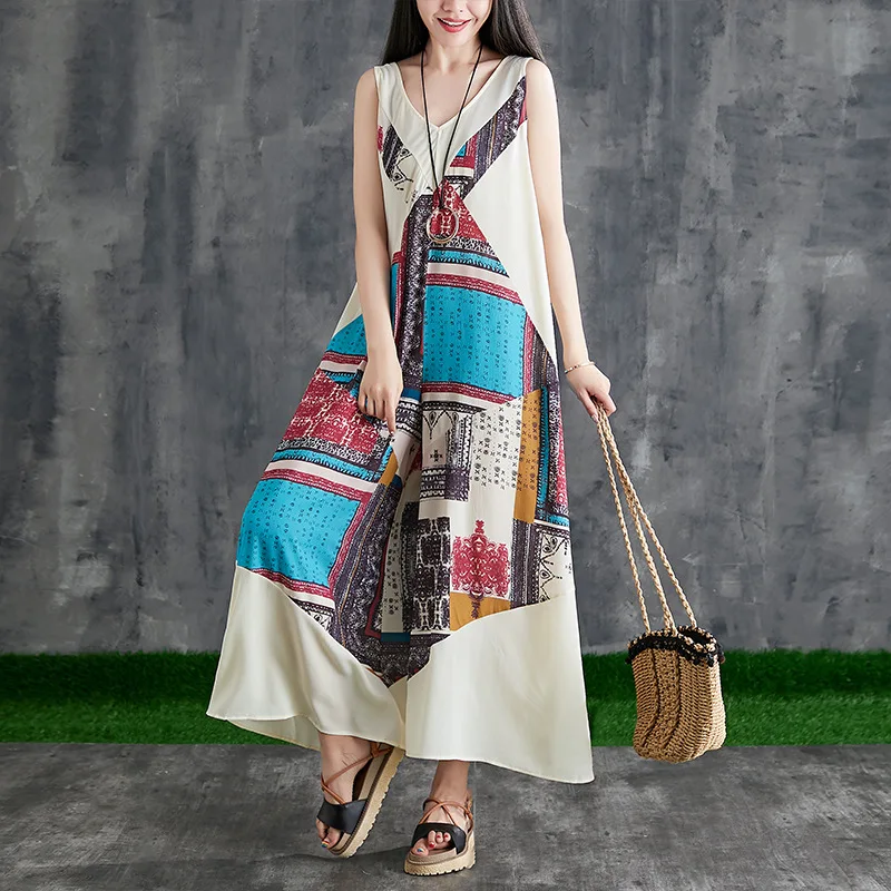 

Ethnic Printed Rompers Womens Playsuits Jumpsuits 2019 Summer V-Neck Long Pants Wide Legs Sleeveless Bodysuit Women Jumpsuit