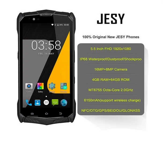 JESY J9S IP68 Водонепроницаемый android 7,0 MTK6755 Восьмиядерный 4G LTE мобильный телефон 4 ГБ ОЗУ 64 Гб ПЗУ 5," NFC OTG PTT 6150 мАч смартфон