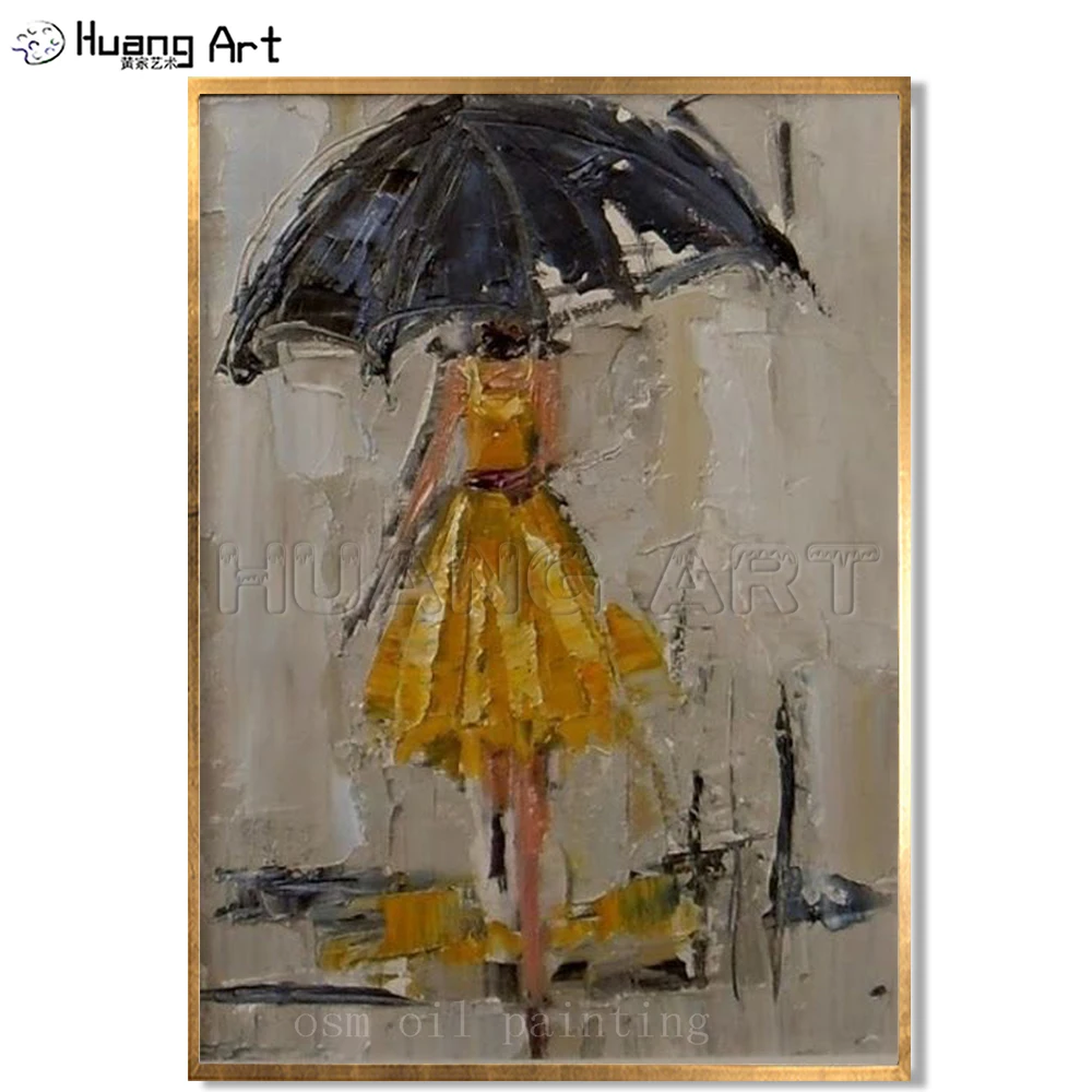 

Handmade Modern Abstract Portrait Figure Knife Oil Painting on Canvas Handpainted Girl in Yellow Dress with Umbrella Art Picture