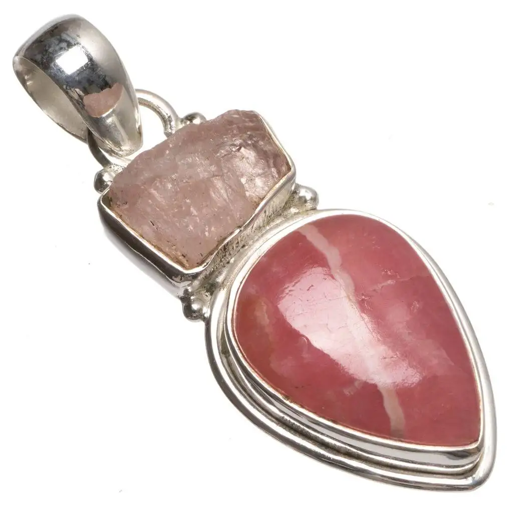 

Natural Rhodochrosite and Drusy Druzy Handmade Mexican 925 Sterling Silver Pendant 1 3/4" T0291