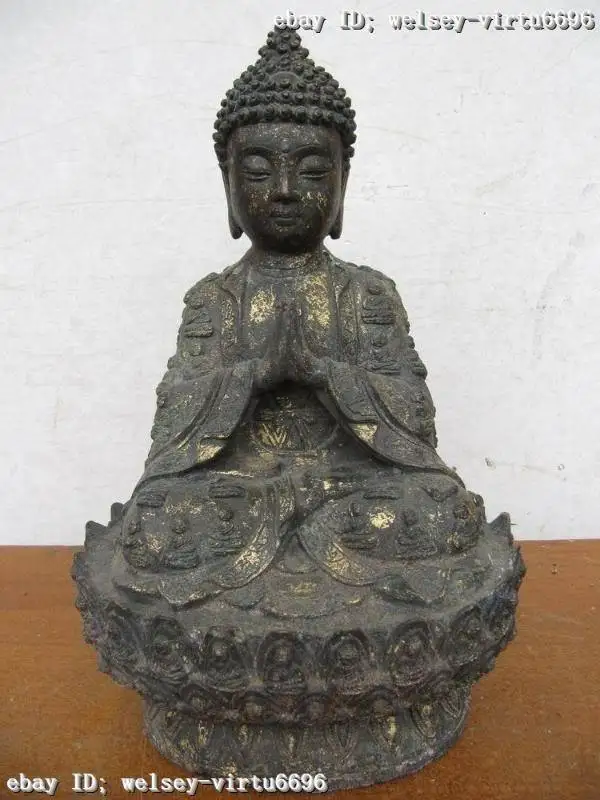 

11 Chinese Old Copper bronze sit lotus flower Amitabha Sakyamuni buddha Statue
