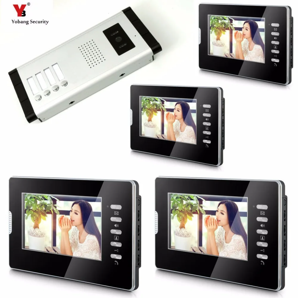 Yobang Security Apartment Intercom Entry 4 Monitor Wired 7\ Color button Video Door Phone intercom System for 4 house