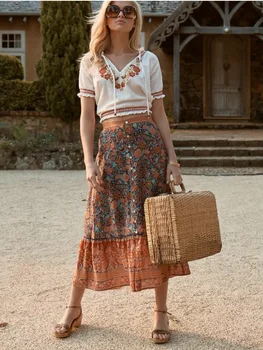 

2020 Spring Women's Skirts New Retro Printing Long Skirts Rayon Boho Holiday Skirts A-line High Waist Pencil Skirt Pleated Skirt