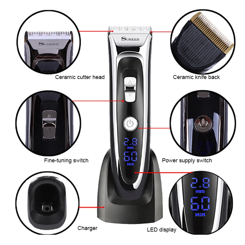  SURKER RFC-688B Rechargeable Hair Clipper Hair Trimmer with LED Display Silent Ceramic Knife Fast C