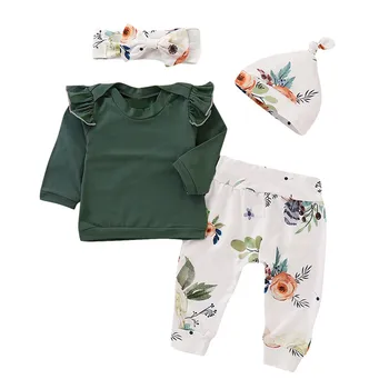 

#4 DROPSHIP 2018 NEW HOT Fashion 4PCS Toddler Baby Girls Floral Print Top Pants Cap Headband Ruffles Outfits Set Freeship