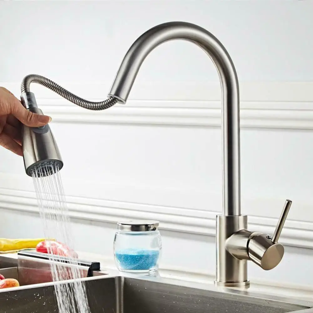 

Tap Pull Out Brushed Nickel Stream Rotation Swivel Sink Single Hole Durable Mixer Kitchen Faucet Sprayer Spray Handle