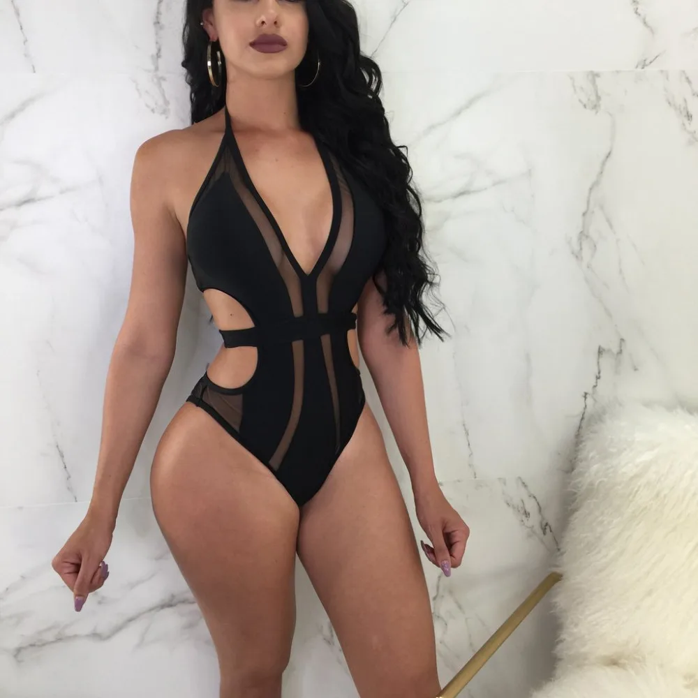 

one Pieces Monokini Swimsuit V-neck Plus Size Bathing Suits Women High Waist Trikinis Black Lace One Pieces Swimsuits