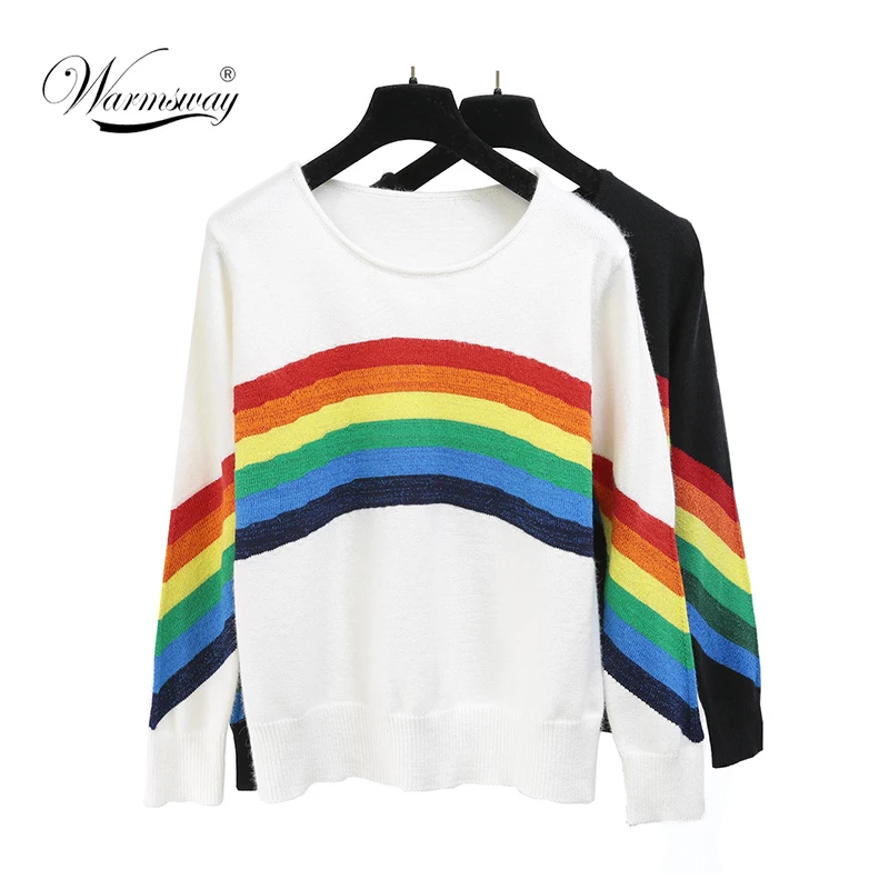 

2019 Spring Autumn Designer Long Sleeve Rainbow Knitted Sweater Woman Elegant Winter Pullovers C-347