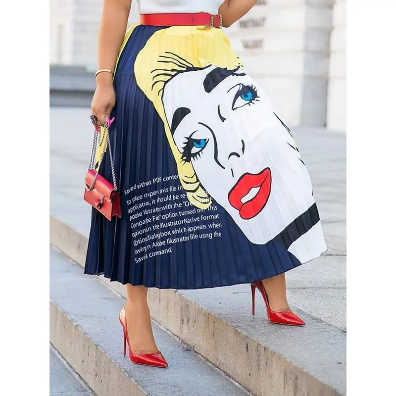 

Pleated Skirt Women Stylish Cartoon Letter Print Street Casual Summer 2019 Ladies Elegant Blue Elastic High Waist Midi Skirts