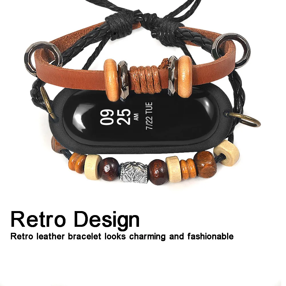 

Newest Watchband Strap Leather Beading Bracelet Design Strap Weave Braided Replacement For Xiaomi Mi Band 3 Watchbands