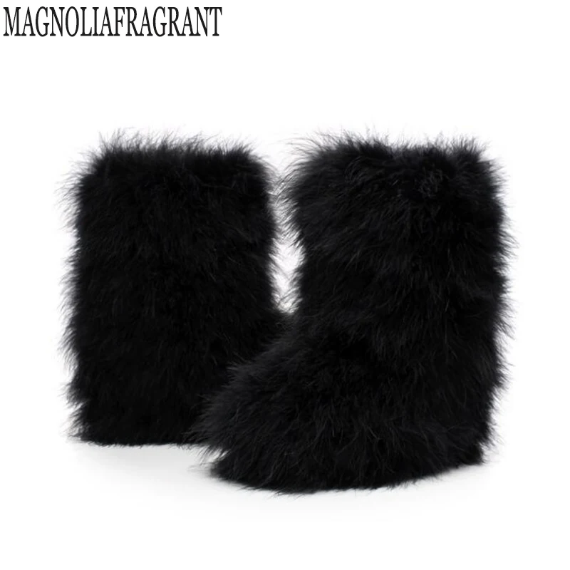 Winter women's boots genuine real hairy Ostrich Feather