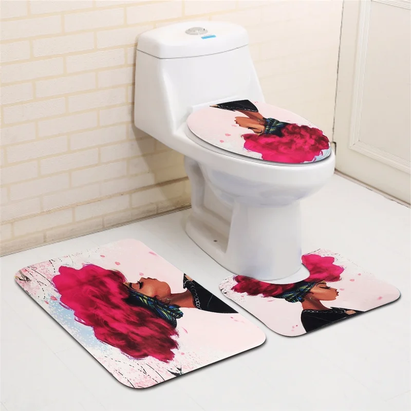 4 Pcs African Girl 3D Waterproof Shower Curtain Bathroom Non-Slip Rug Toilet Seat Cover Bath Mats Set Home Decor 3 Color