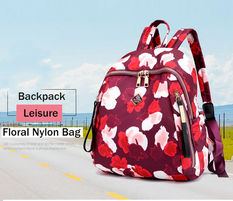 Women Floral Nylon Backpack Female Fashion Printing Casual Rucksack Famous Lady Girls Large Black Purple Blue Soft Shoulder Bag (1)