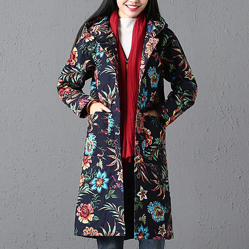 

Ethnic Women Autumn Winter Outerwear Multicolor Floral Printed Hooded Single Breasted Pockets Plus Size Long Jacket Coats Robe