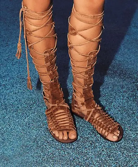 Hot Selling Brown Suede Lace-up Flat Sandals Boots Cut-out Tie Cross Strappy For Women Back Zipper Summer Beach Shoes | Обувь