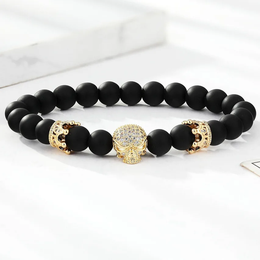 

Trendy Natural 8mm Lava Stone Beads Bracelet Men Strand Bracelets For Women Handmade Skeleton Skull Jewelry Charm Adjustable New