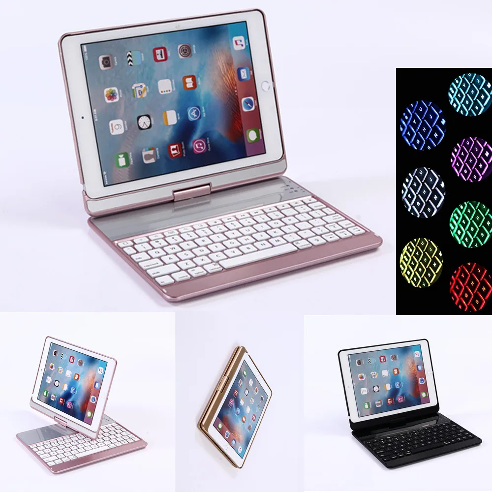 360 Rotating Bluetooth 7 Colors Backlit Plastic Keyboard Case Cover For