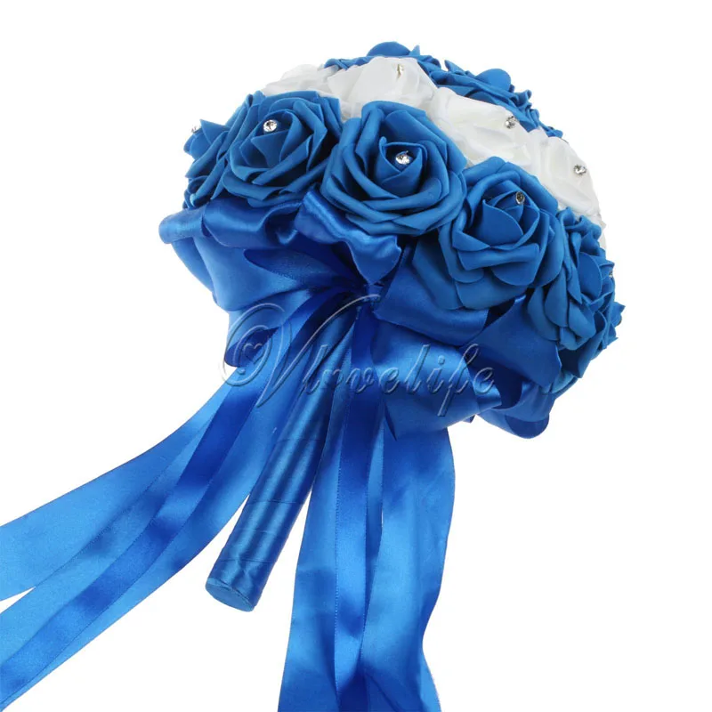 Свадебный букет ручной работы Искусственные из ПЭ пены розы цветы со стразами атласные ленты бант вечерние сувениры Декор - Цвет: royal blue