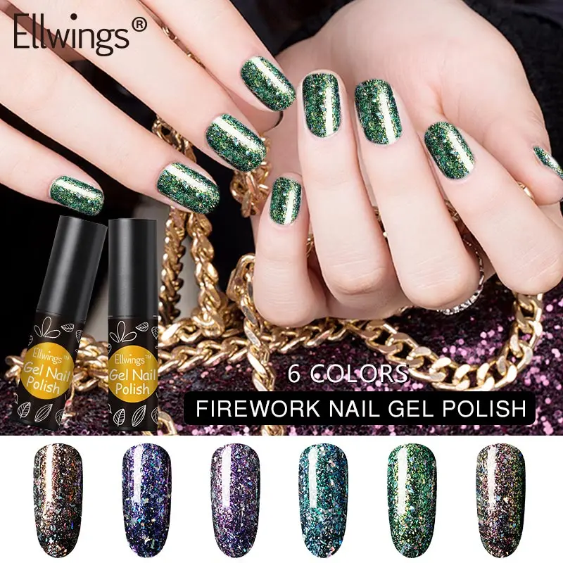 

Ellwings 6 Colors Firework Sparkly Sequins Gel Nail Polish Chameleon Black Base Manicure Gel Lacquer Nail Art Gel