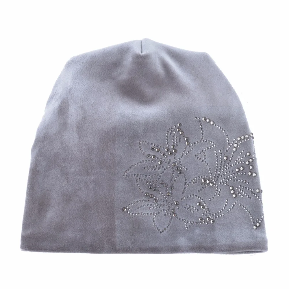 TQMSMY Brand Women's Beanie Lily Flower Rhinestones Hat Women Shine Velvet Kintted Skullies Cap Female Beanie Beanies Cap TMDH59