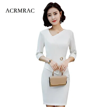 

ACRMRAC Women dress Slim Half sleeve Flounced V-neck Solid color OL Formal Business dress Womens