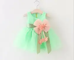 Детские платья для девочек; летнее Хлопковое платье для малышей с поясом; 2018 г.; милые однотонные сетчатые платья принцессы без рукавов;