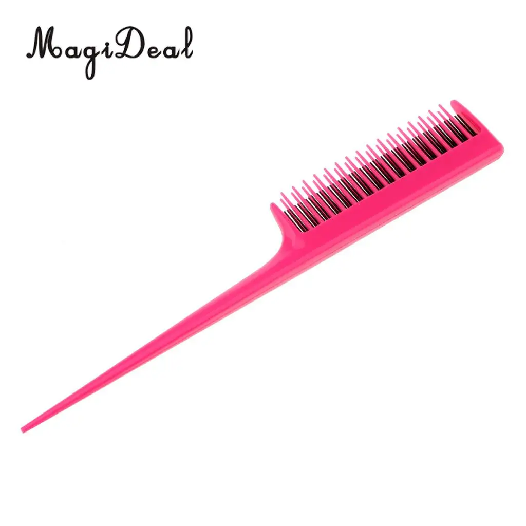   Pro 3-Row Teeth Teasing Comb Sectioning Pin Tail Back Coming Volumizing Brush Dress Out Comb- Rose Red
